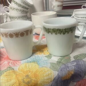 1 Vintage Pyrex Milk Glass Green Crazy Daisy Spring Blossom and 1 Butterfly Gold